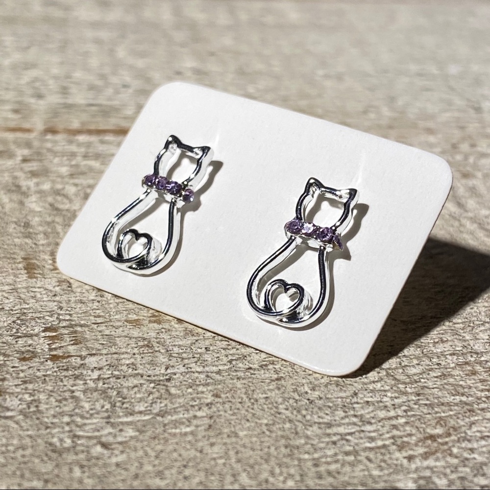 3 for $15 Sitting Cat Purple Rhinestone Earrings - Picture 2 of 4